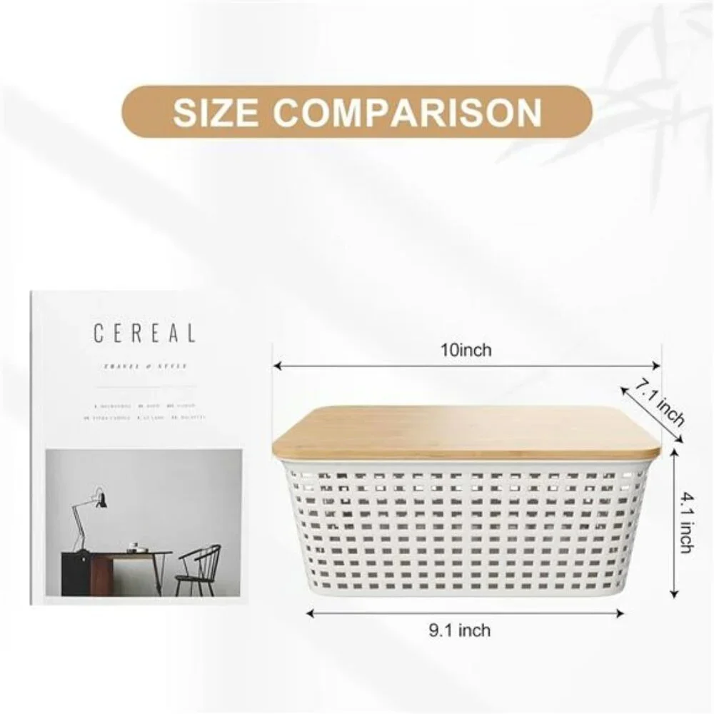 Plastic Storage Bins with Bamboo Lids 6 Pack Stackable Closet Organizer White